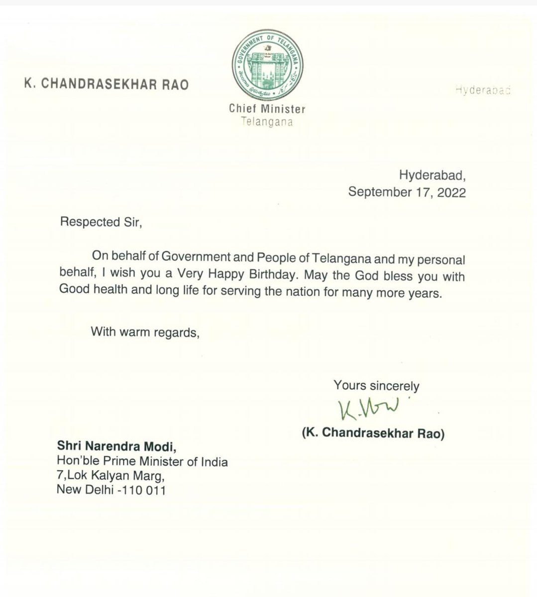 CM Sri KCR conveyed birthday greetings to Hon'ble Prime Minister Sri @NarendraModi Ji on behalf of Telangana Government, its people and himself. Hon'ble CM wished the Prime Minister good health and long life in the service of nation.