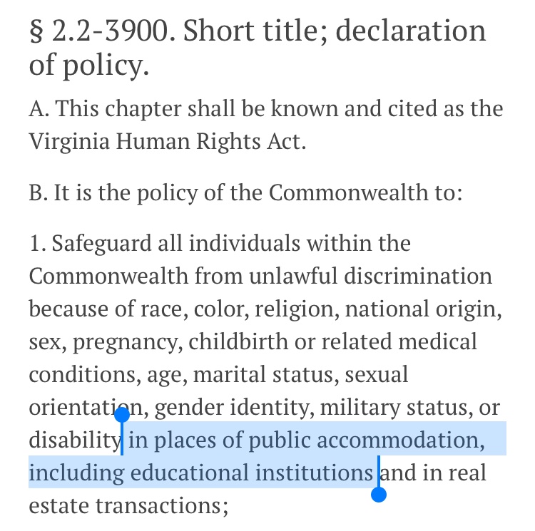 Sen. Danica Roem (@pwcdanica) on Twitter photo .<a href="/GovernorVA/">Governor Glenn Youngkin</a>’s action should be contested in court under the Virginia Human Rights Act.
This is one of the laws passed by the Virginia General Assembly *with bipartisan support* in 2020.
Executive fiat does not overrule state law, as the Governor found out earlier this year. .<a href="/GovernorVA/">Governor Glenn Youngkin</a>’s action should be contested in court under the Virginia Human Rights Act.
This is one of the laws passed by the Virginia General Assembly *with bipartisan support* in 2020.
Executive fiat does not overrule state law, as the Governor found out earlier this year.