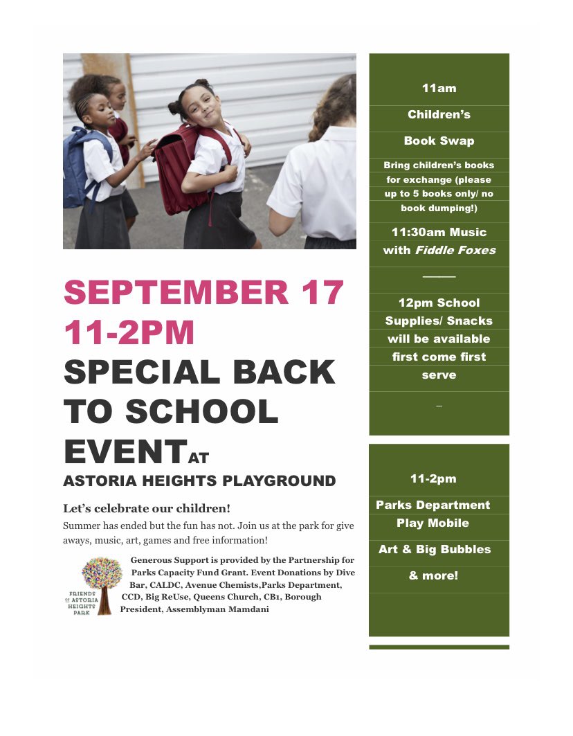 Join us at the park for some back to school goodness, back packs &amp; fun <a href="/arthouseastoria/">Art House Astoria</a> <a href="/TransAlt/">Transportation Alternatives</a> @BigReuse <a href="/ccdworldwide/">Community Capacity Development</a> Woodside <a href="/FiddleFoxes/">Fiddle Foxes</a> <a href="/tiffany_caban/">Tiffany Cabán</a> <a href="/ZohranKMamdani/">Zohran Kwame Mamdani</a> <a href="/NYCParks/">NYC Parks</a>