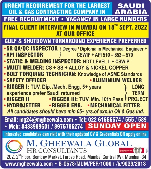mgheewala_hrc's tweet photo. Job Vacancies for #SaudiArabia
Interested Candidates can send the updated resume to mg24@mgheewala.com
Learn More https://t.co/Ps4bxv2mB1
#qcinspector #apiinspector #weldinginspector #multwelder #torquetechnician #safetyofficer #rigger #hydrojetter #fitter #oilandgas https://t.co/26cJCt4vDu