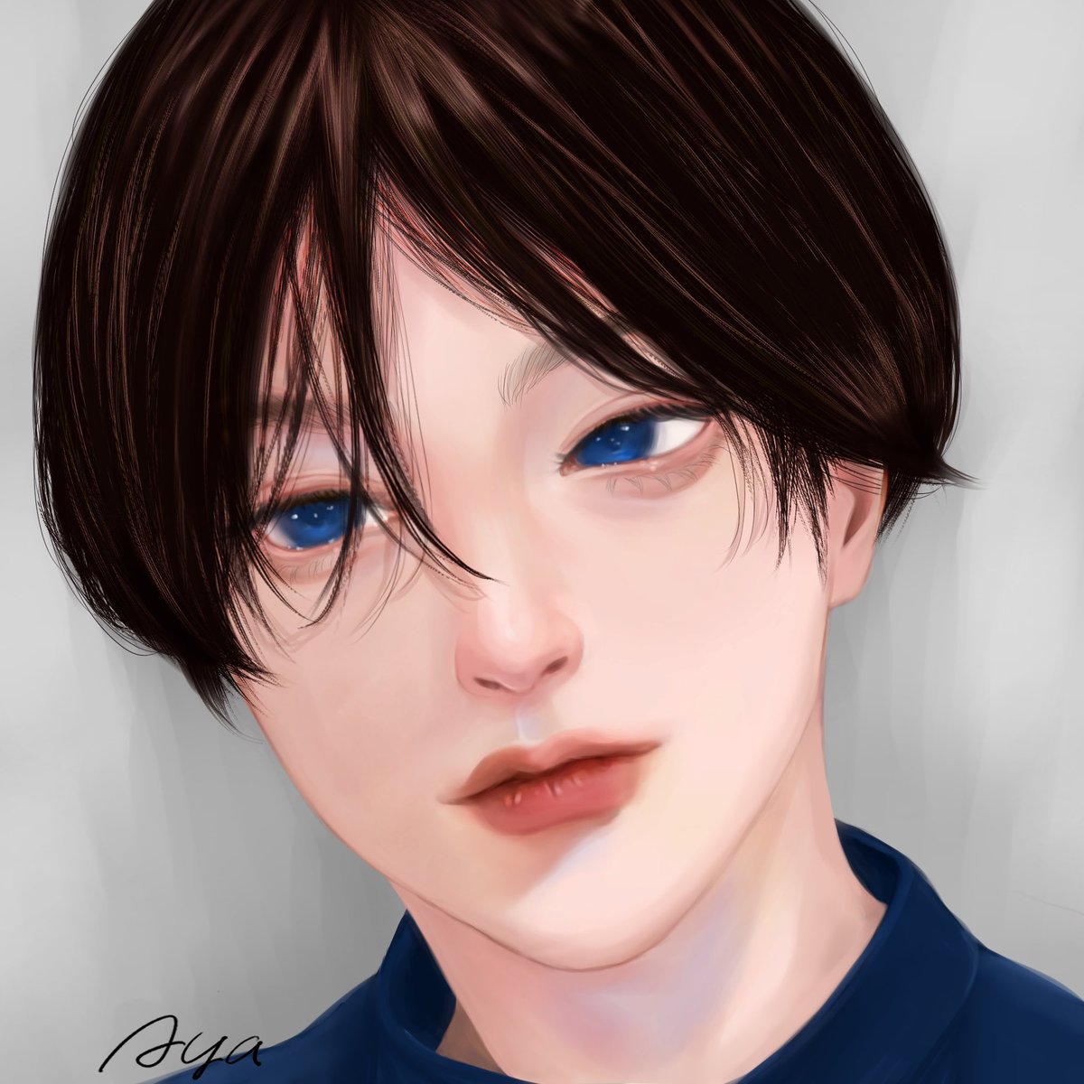 solo 1girl blue eyes short hair brown hair portrait signature  illustration images