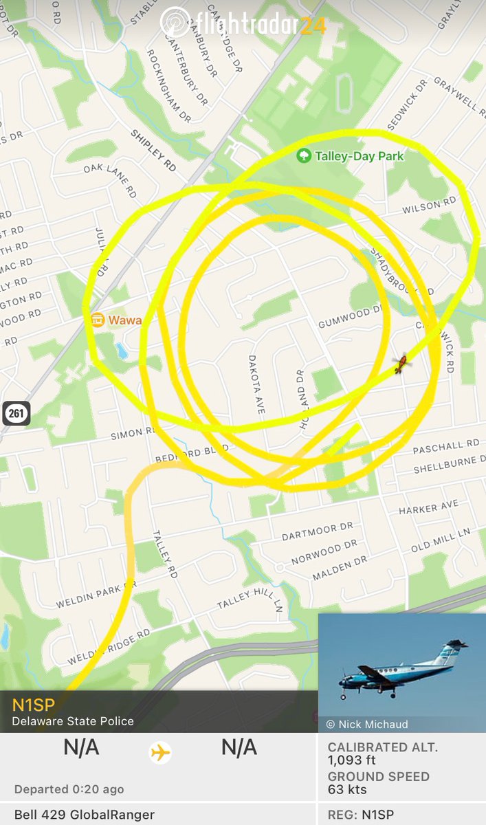 HonestHypocrite's tweet photo. How are y’all sleeping in #NorthWilmington with that #DelawareStatePolice helicopter flying circles over us between #I95, #Marsh , and #Foulk roads? #netDE https://t.co/WuQD5CmanW