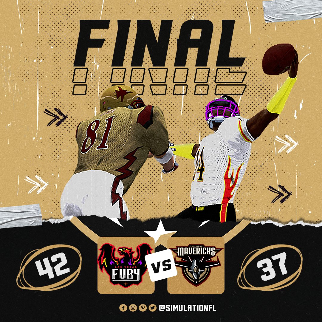 Simulation Football League (@simulationfl) on Twitter photo YDS for Liam Hammer through 3 QTRs: 328
YDS for him in the 4th QTR: 4
The <a href="/SFL_Fury/">Las Vegas Fury</a> slide in for a dramatic victory late Friday night, outscoring the <a href="/SFL_Mavericks/">San Diego Mavericks</a> 21-0 in the 4th, shutting down Hammer as he went for a SFL record. Vegas improved to 5-4, dropping SD to 3-6. YDS for Liam Hammer through 3 QTRs: 328
YDS for him in the 4th QTR: 4
The <a href="/SFL_Fury/">Las Vegas Fury</a> slide in for a dramatic victory late Friday night, outscoring the <a href="/SFL_Mavericks/">San Diego Mavericks</a> 21-0 in the 4th, shutting down Hammer as he went for a SFL record. Vegas improved to 5-4, dropping SD to 3-6.