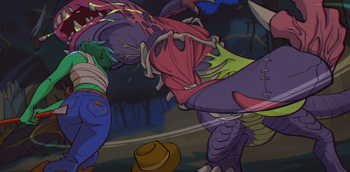 Deadfellaz's tweet image. Pt 3. Our @Wrangler x @Deadfellaz story continues… Attack! The thing narrowly misses her with a heavy swipe, but our heroine's crowbar finds its mark with a sickening CRACK!! - knocking the creature out cold in a single blow…