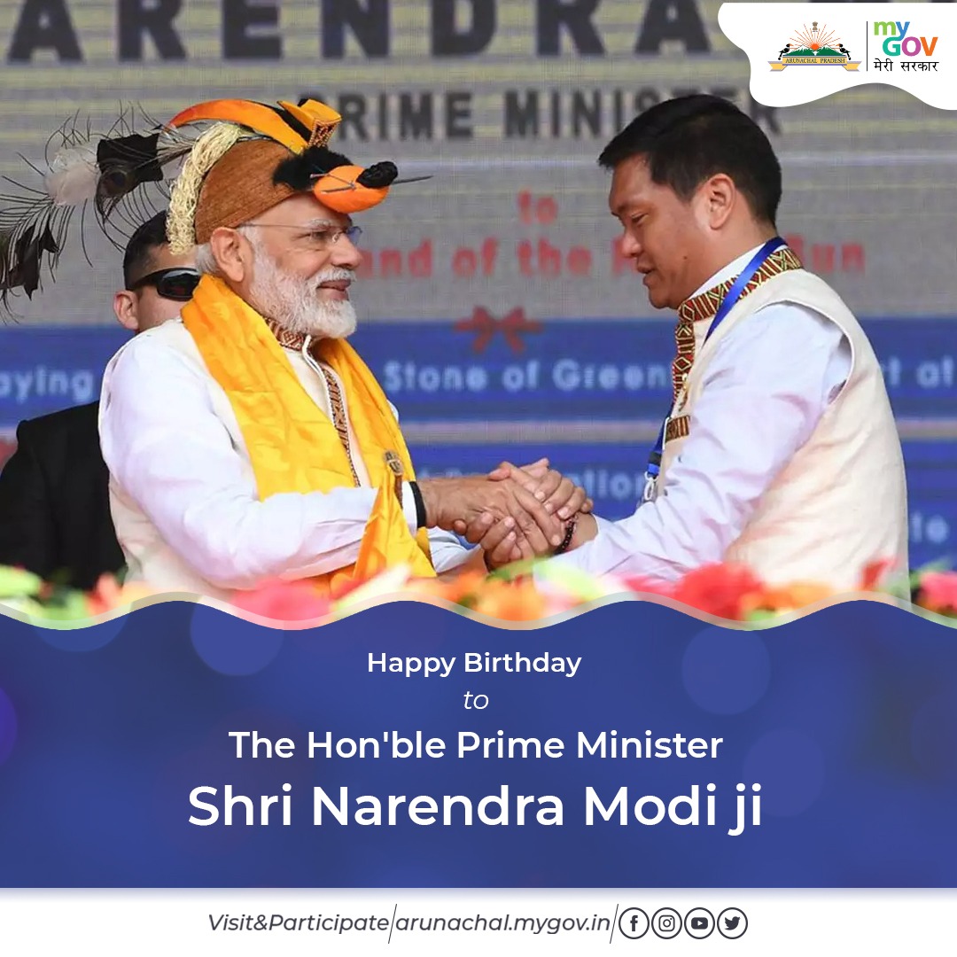 MyGovArunachal's tweet photo. Extending the best of wishes to the charismatic leader of our nation, HPM Shri @narendramodi ji on his birthday. His strategic approach to nation-building has driven phenomenal growth. Our prayers for his good health and prosperity on this joyous occasion. https://t.co/cg1JGQUdvP