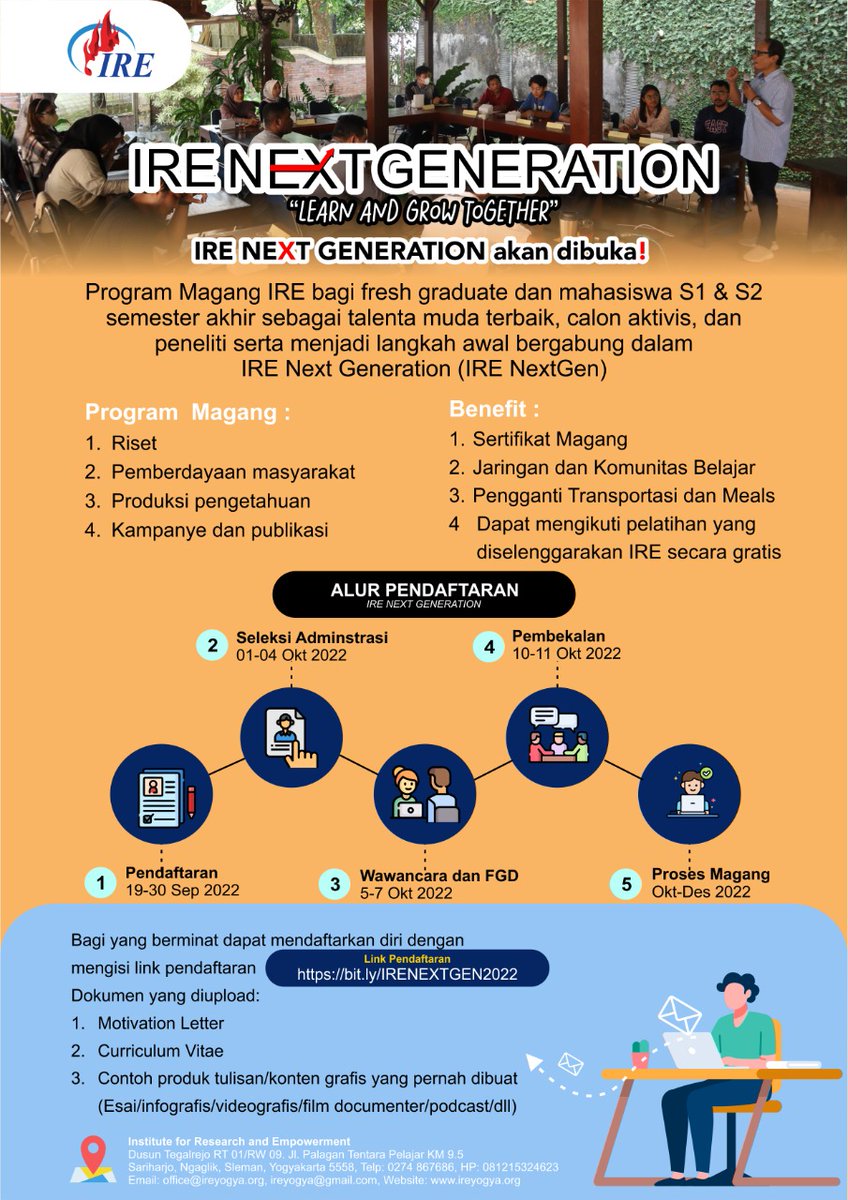 #IRENEXTGENERATION2022 hadir sebagai sebuah program magang bagi fresh graduate dan mahasiswa/i S1 dan S2. Mari bergabung bersama #IRENEXTGEN untuk belajar dan bertumbuh menjadi talenta muda terbaik, calon aktivis, dan peneliti!
Pendaftaran: bit.ly/IRENEXTGEN2022