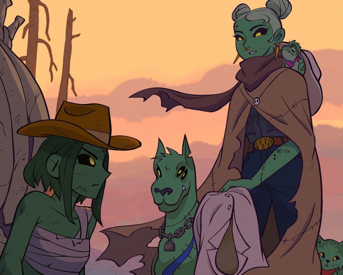 Deadfellaz's tweet image. Sitting beside the carcass to rest, the heroine watches as a stranger appears on the path surrounded by several animals. "Sheeesh, that was a hell of a hit" the stranger says, offering a torn shirt. "Where you headed?"