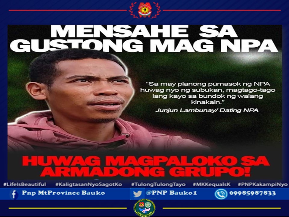PNPBauko1's tweet photo. Hinihikayat po namin ang mga miyembro ng mga armadong pakikibaka na kusang sumuko at nang mabigyan nang panibagong buhay alinsunod sa Enhanced Comprehensive Local Integration Program o E-CLIP ng gobyerno
#sharethetruthsavethefuture
#lifeisbeautiful
#TulongTulongTayo
#supporteclip https://t.co/zO582eNyhI
