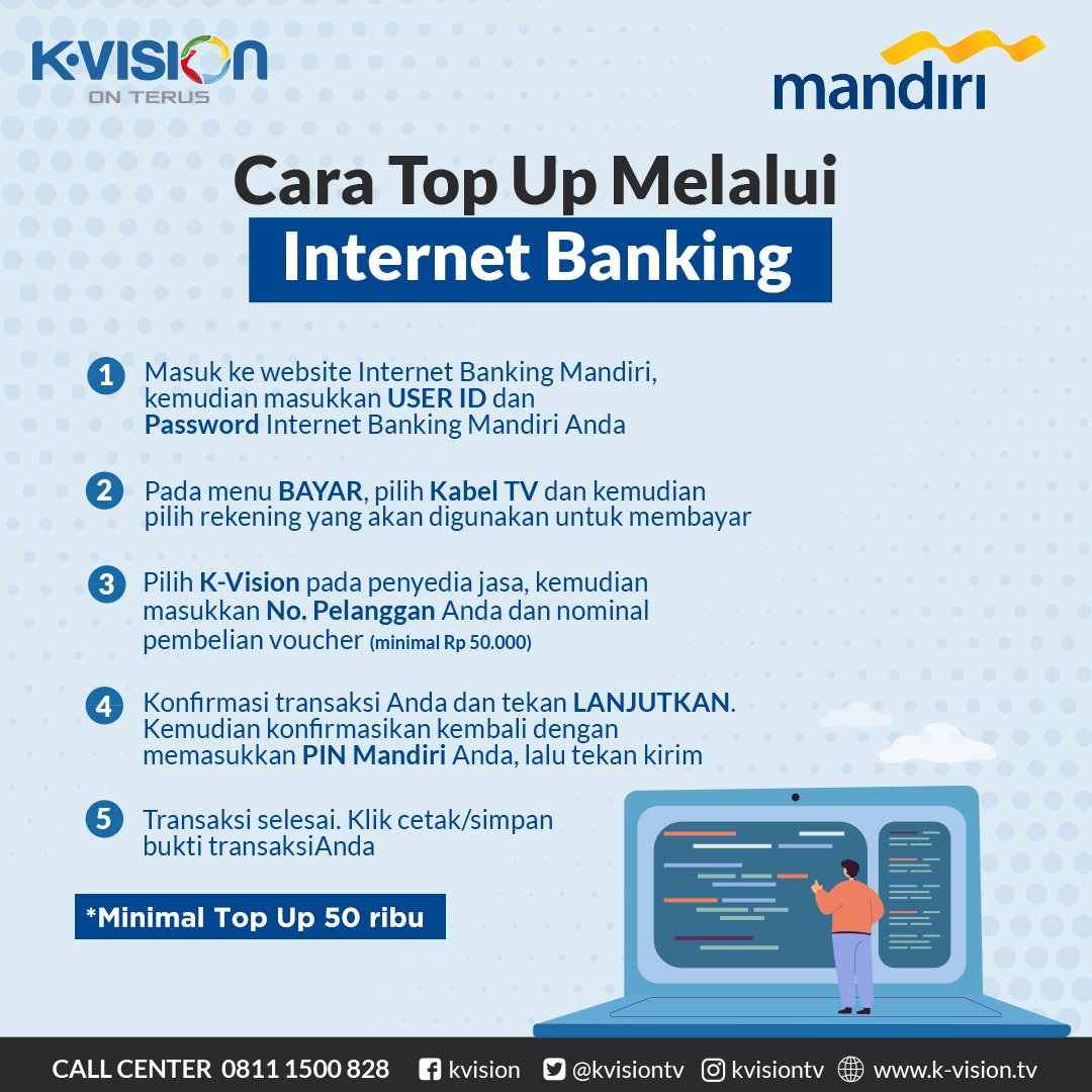 kvisiontv's tweet photo. Top-up saldo K-Vision kamu lewat Bank Mandiri yuk! Cek caranya berikut ini ya..
K-Vision On Terus!
#KVision #KVisionOnTerus #TVDigitalJamanNow #DIJAMIN #TVBerlangganan #TVBerbayar #InfoKVision https://t.co/rtPieHGdpw