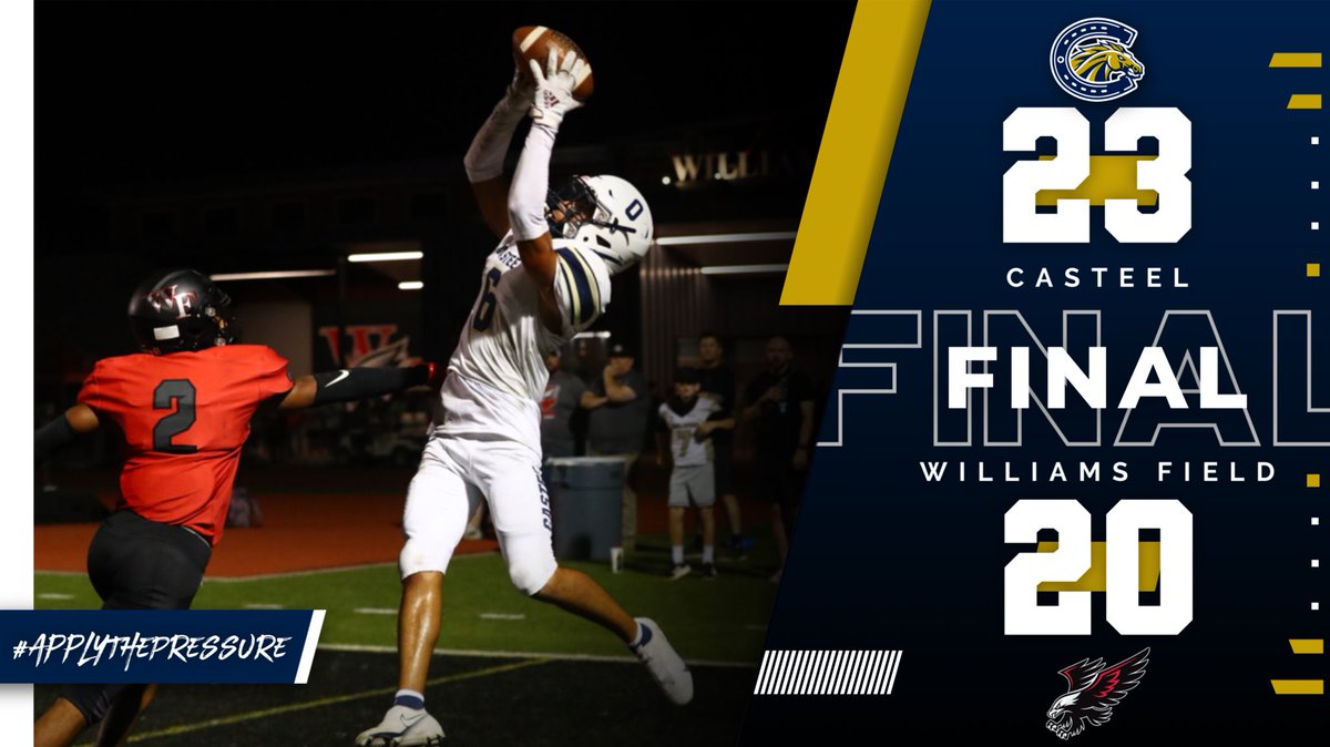 CasteelFootball's tweet photo. 𝙏𝙝𝙚 𝙘𝙪𝙧𝙨𝙚 𝙞𝙨 𝙗𝙧𝙤𝙠𝙚𝙣…
Final score from Gilbert, AZ:
@CasteelFootball - 23
@WFFootballTeam - 20
Up next, Casa Grande!! 
#ApplyThePressure https://t.co/CHhFBd579K