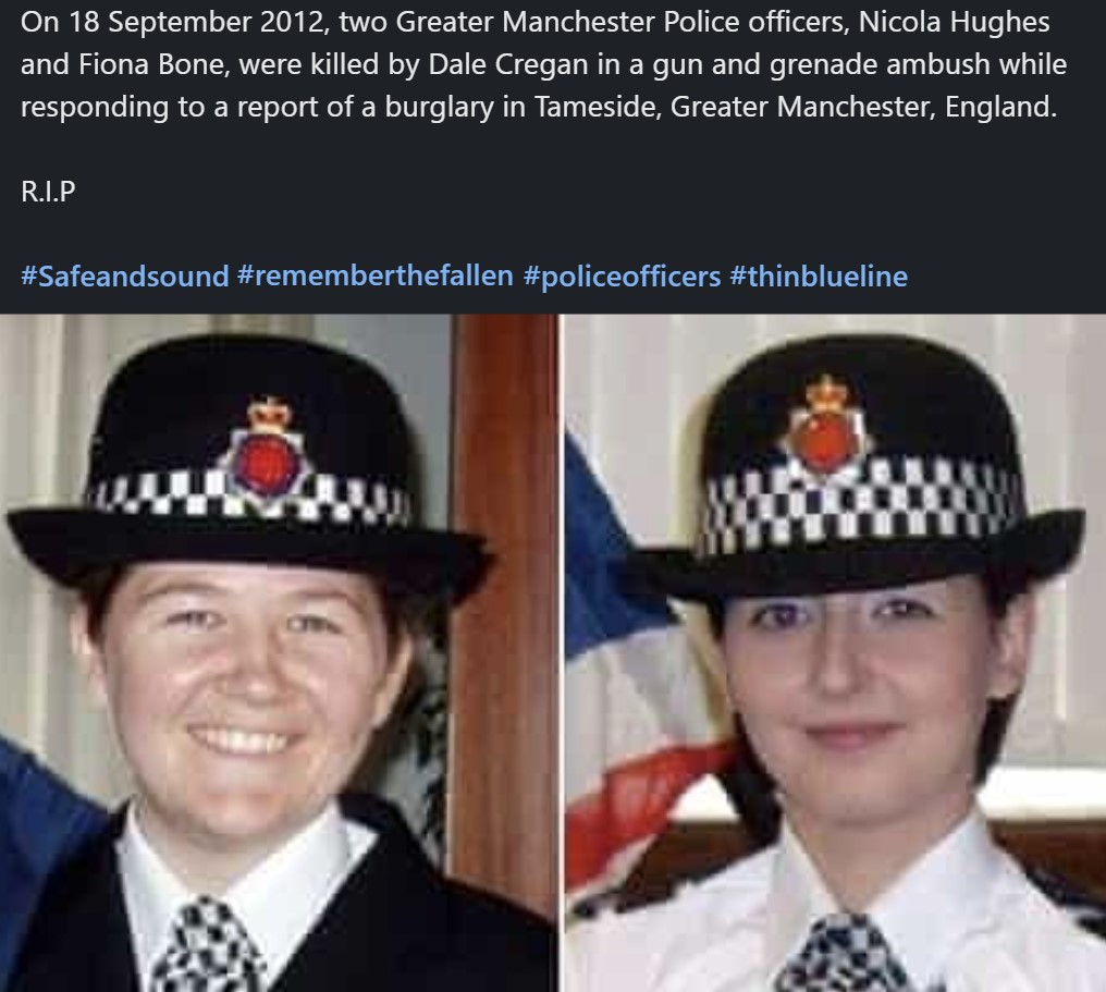 vernalscott's tweet image. Yesterday in Leicester Square, London, two Police heroes were viciously attacked and hospitalised. Almost to the day, ten years earlier in Manchester, two angels in blue did not survive their repugnant attacker. Remembering Nicola and Fiona - RIP. Protect the protectors!