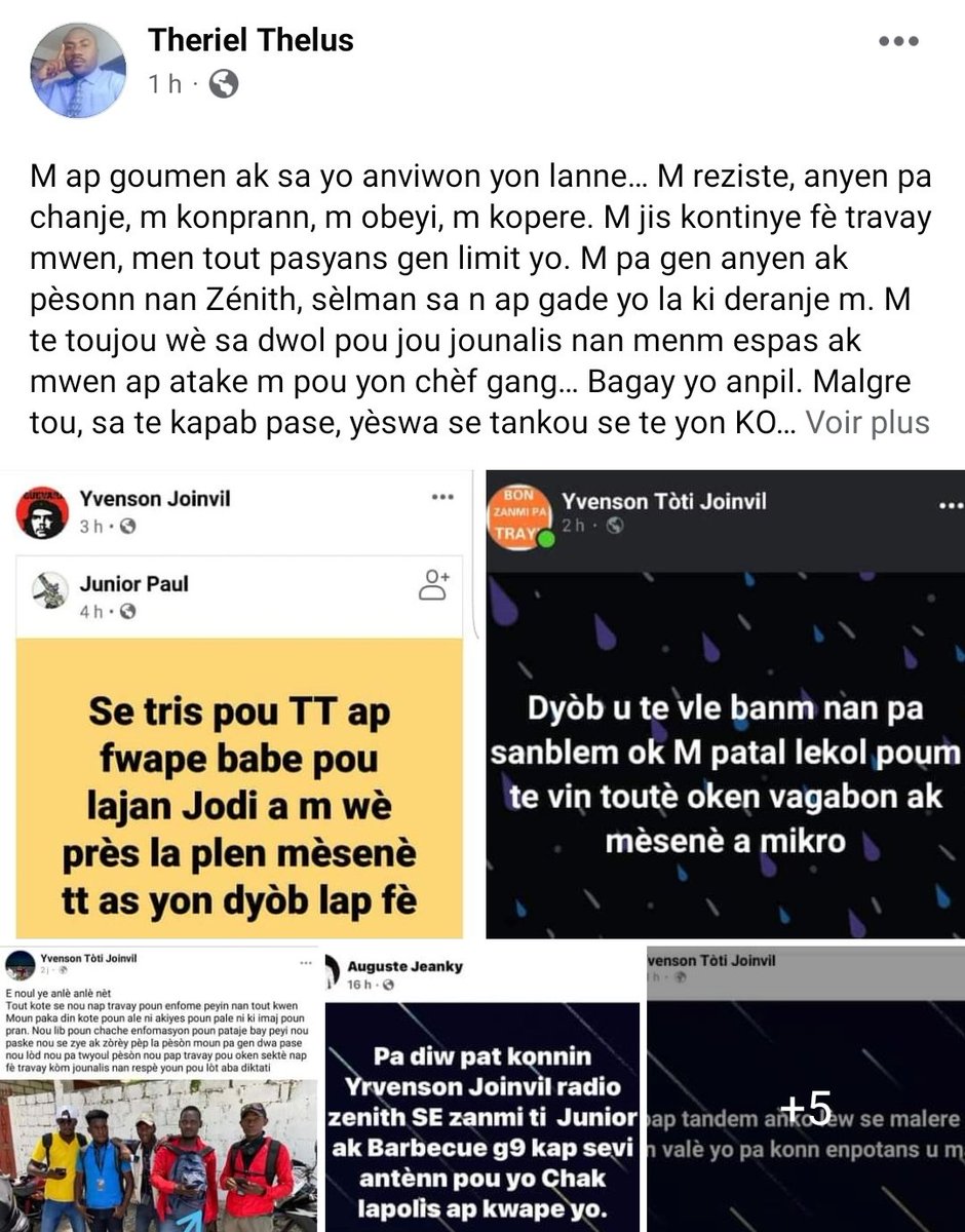 BouyonHaiti's tweet photo. Animatè emisyon "Ti koze ak TT a" Thériel Thelus anonse sou kont Facebook li,ke emisyon ti koze ak TT a pap pase sou antèn radio zénith ankò.
Jounalis la fè konnen li pran desizyon sa a parapò gen jounalis nan radio a ki kont li pou gang lap denonse yo. li jis dil pa konfòtab. https://t.co/bqRVRjxQLU