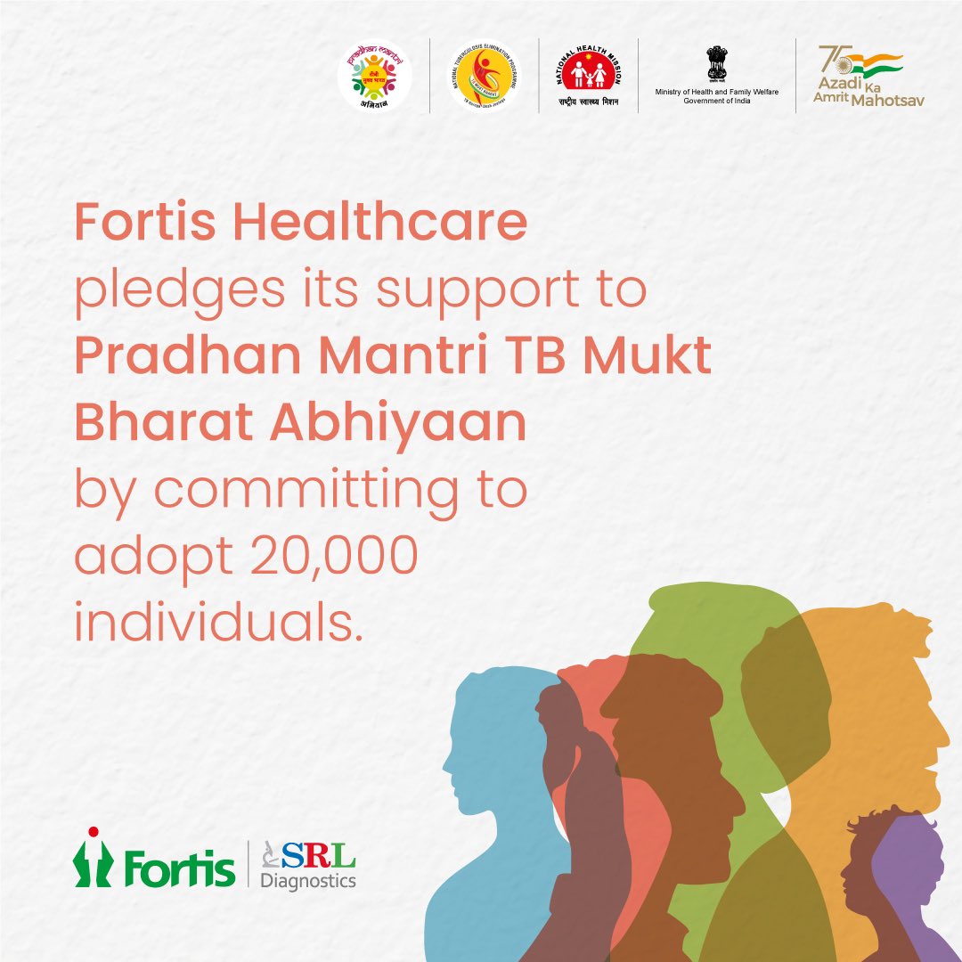 At Fortis Healthcare, the health and well-being of our fellow countrymen has always been of paramount importance. We pledge our support to Pradhan Mantri TB Mukt Bharat Abhiyaan and commit to adopt 20000 individuals suffering from TB.

#TBMuktBharatAbhiyaan
#Nikshay