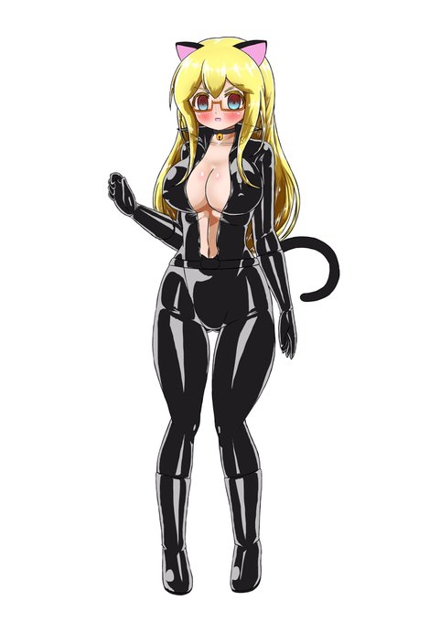 何となく描いたキャットスーツちゃんコスと通常状態の教師の服装 