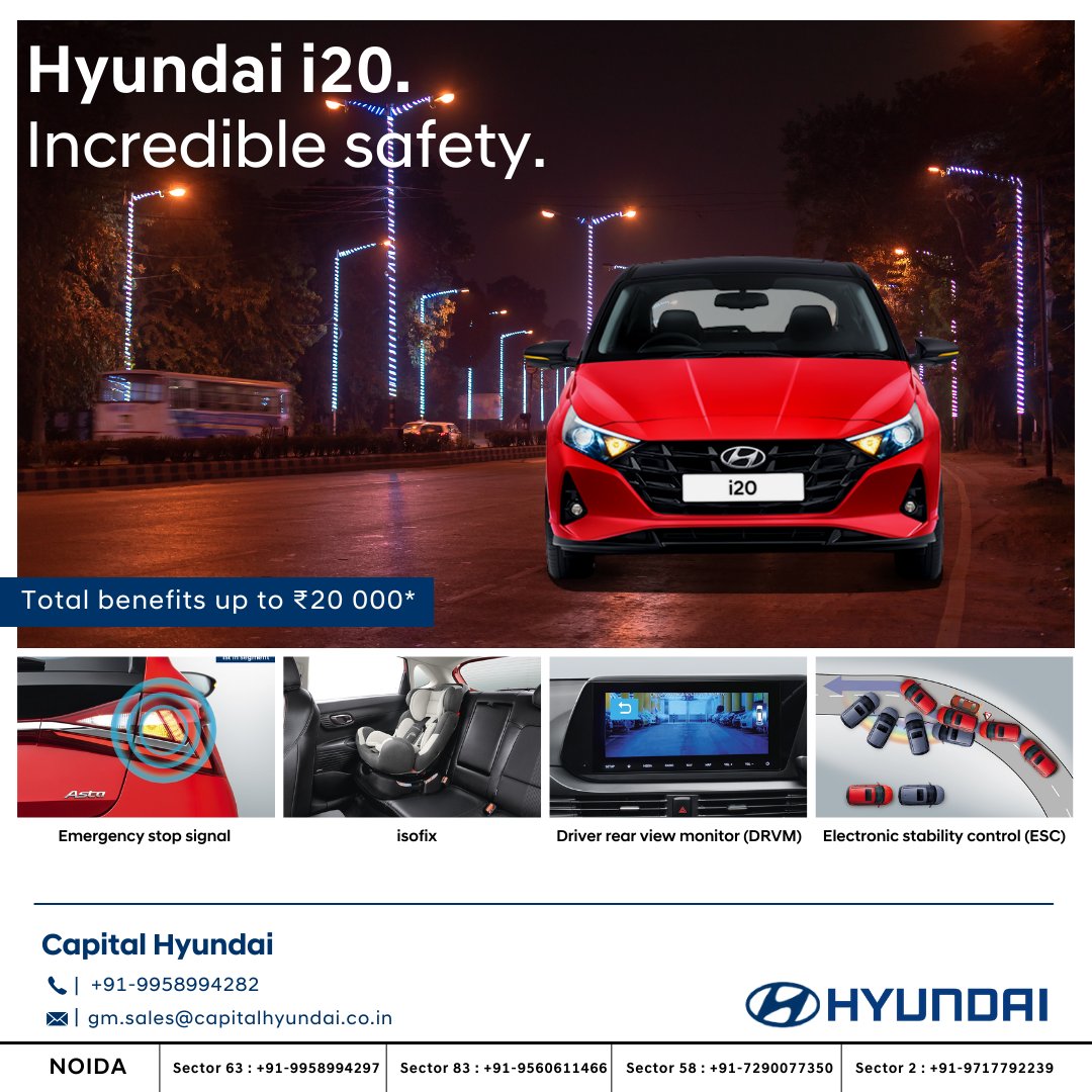 capital_hyundai's tweet photo. You deserve superior safety!
The most advanced safety features in the Hyundai i20 amplifies the safety quotient letting you have complete peace of mind.
.
.
.
#Hyundai #iami20 #BornMagnetic #CapitalHyundai #BestInSegmentPower https://t.co/ehIMQuSUVm