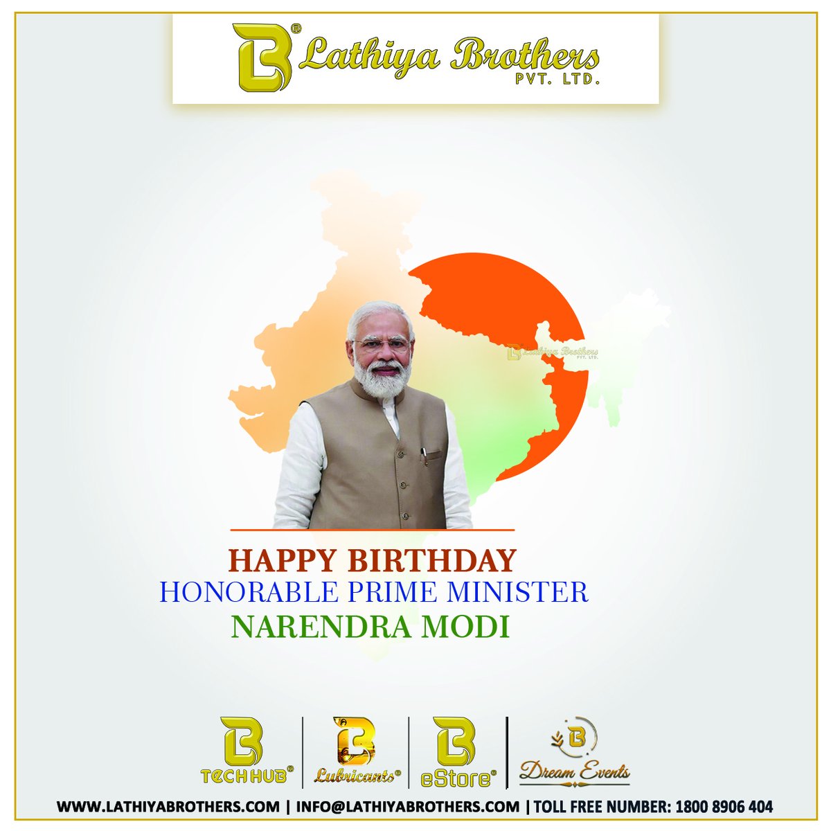 lathiyabrothers's tweet photo. Happy Birthday To Our Honorable PM Shree Narendra Modi ๐ฎ๐ณ
#LathiyaBrothers #HappyBirthdayModi #NarendraModiji #Modiji #PrimeMinister #India #CelebrateBirthday #Lbestore #LbTechhub #LbSuraksha #LbDreamevents #LbLubricants #thelbacademy #Ten2Six #BondingAcrossTheWorld #SuratCity https://t.co/3qCv2Ea3Iv
