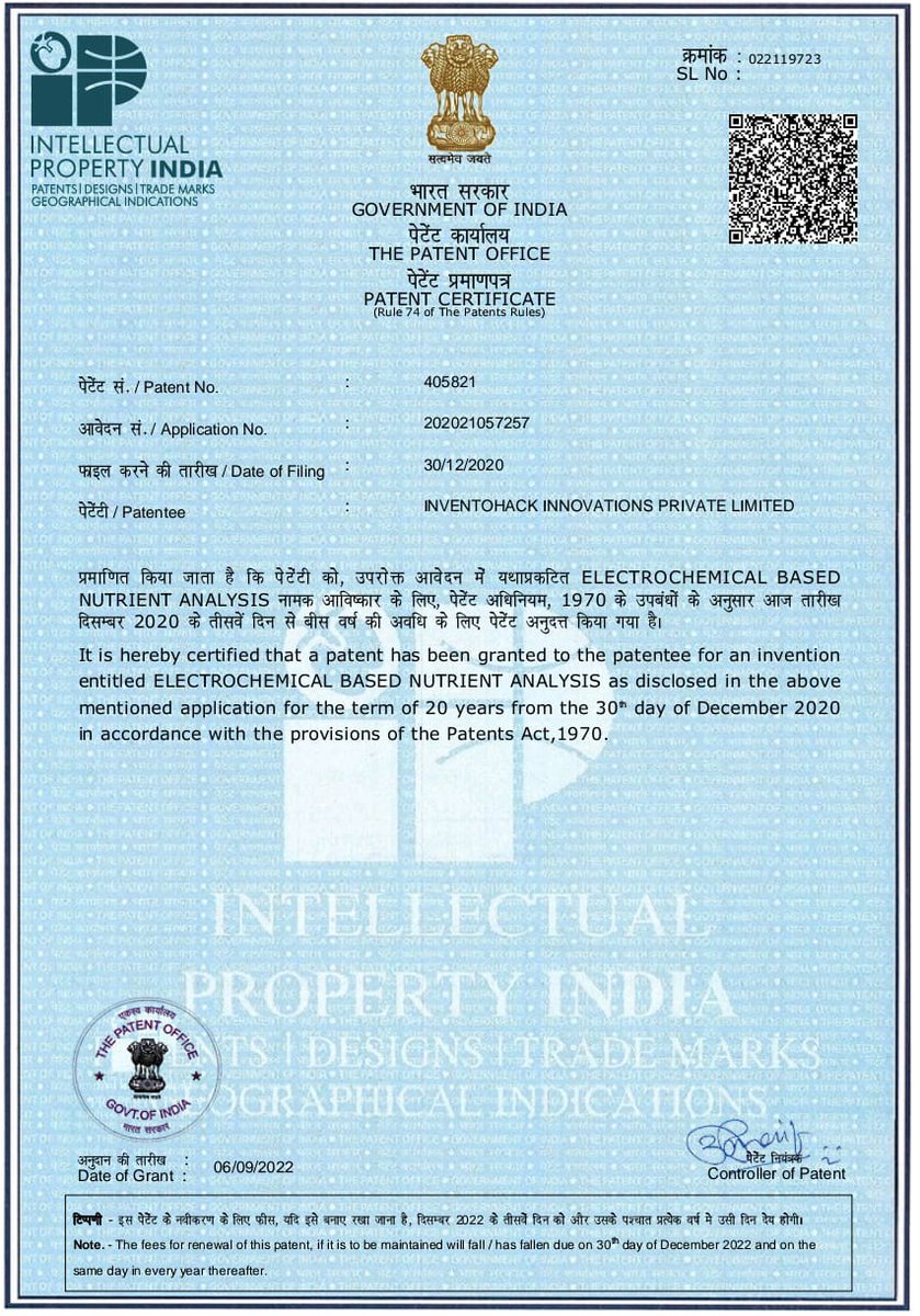 STPIBHOPAL's tweet photo. Congratulations to #NGIS #CHUNAUTI3.0 #startup @inventohack for getting patent for Electromechanical based Nutrient Analysis for soil nutrition testing.@GoI_MeitY @alkesh12sharma
 @arvindtw @DeveshTyagii  @stpiindia @purnmoon https://t.co/o22b1pcXAO