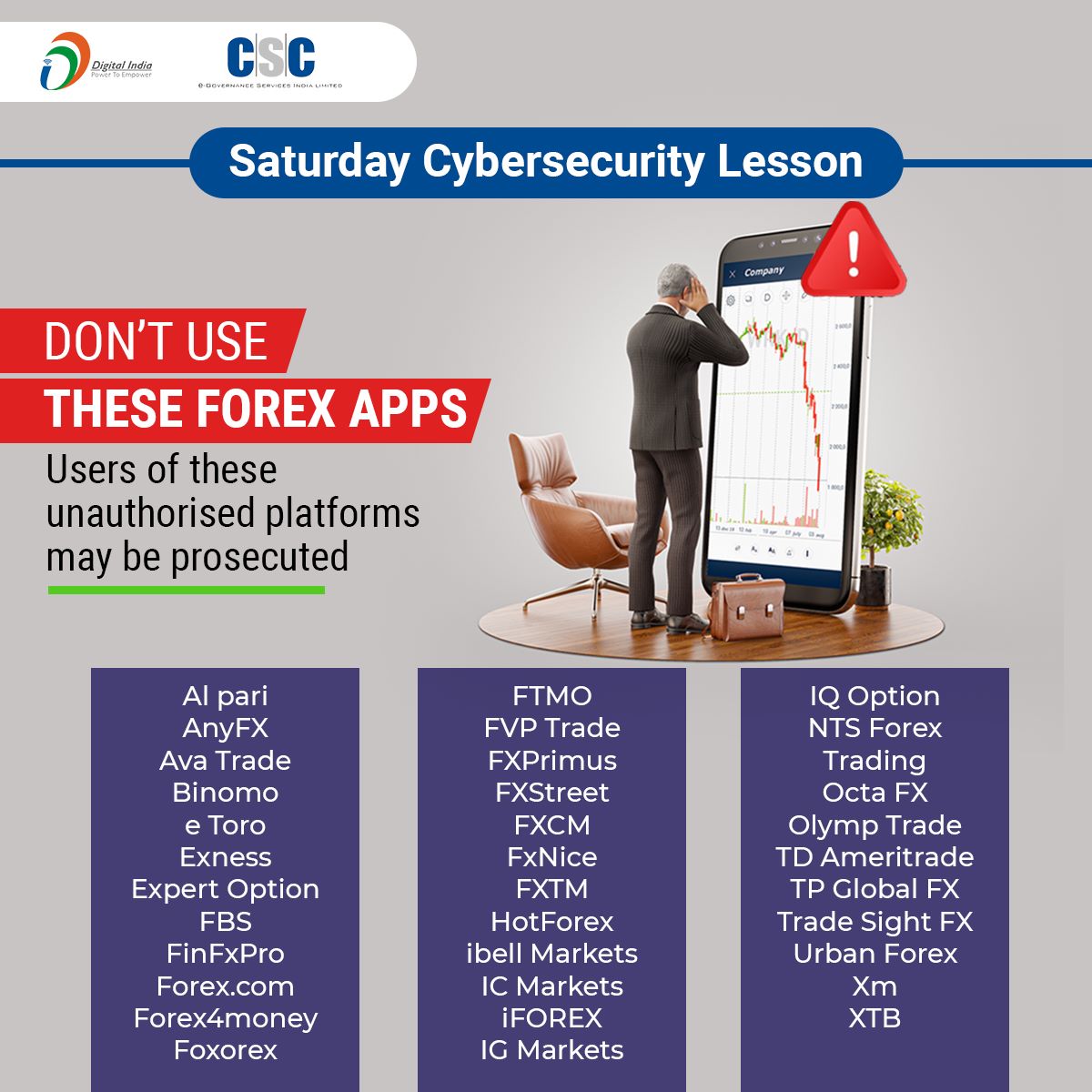CSCegov_'s tweet photo. Saturday Cybersecurity Lesson!!
Here's a list of apps that are not authorized to deal in Forex by RBI. Don't make the mistake of using any of them.
#CSC #DigitalIndia #RuralEmpowerment #SaturdayCybersecurityLesson #CyberSecurity https://t.co/R4sDiJ13e0