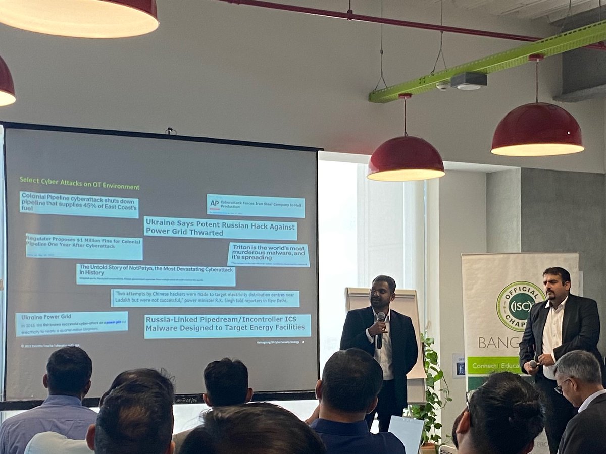 isc2blrchapter's tweet photo. On our next topic ”Reimagining OT cyber security strategy “ by Santosh and Chinkle mention a scary stat that 31% of ransomware victims experience destructive impact #infosecblr #isc2chaptermeet https://t.co/z7UuySDcli
