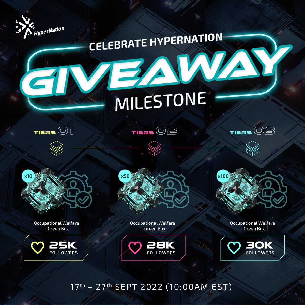 🚨Help us reach 30,000 followers🚀

The more followers we gain, the higher chance you will receive the prizes!

To join:
✅ Follow <a href="/HyperNation8/">HyperNation</a> &amp; @HyperNFTPro
✅ Like, Retweet, tag 3 friends with #ilovehypernation #NFTGiveaway

Giveaway period: 17th – 27th Sept 2022 (10AM EST)