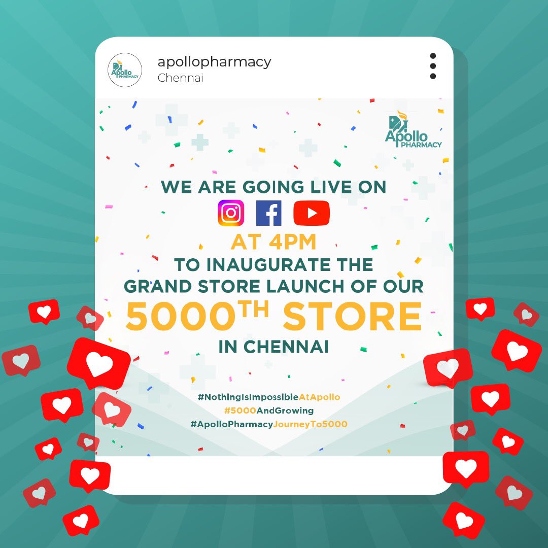 ApolloPharmacy's tweet photo. The #GrandStoreLaunch of our 5000th store is happening today!
Join us at 4PM, LIVE on Instagram, Facebook & YouTube for the #InaugurationCeremony. This is a momentous occasion for us & we want you to be a part of it! #ApolloPharmacy #NothingIsImpossibleAtApollo #5000AndGrowing https://t.co/Fyx1ktUhjS