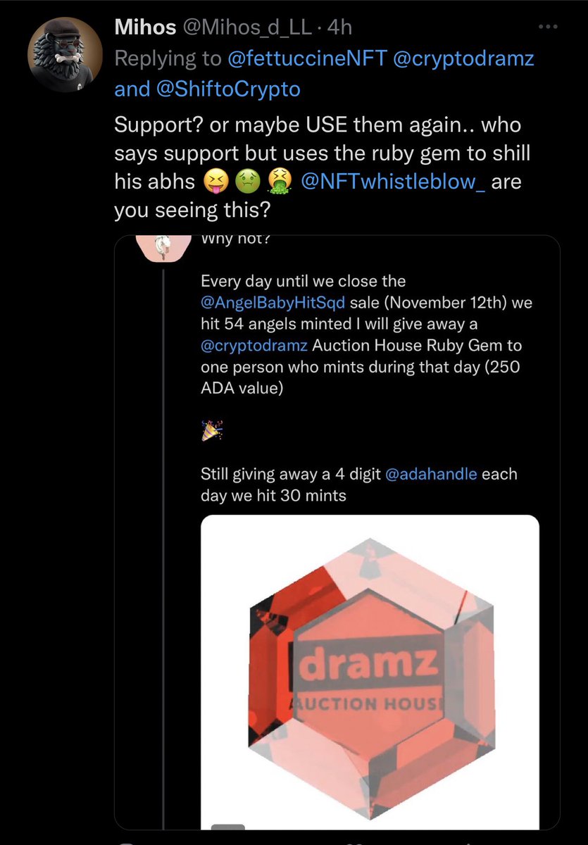 Mihos_d_LL's tweet photo. @Creggsbenedict1 @KuddoWen @fettuccineNFT @AngelBabyHitSqd Blocked me too 😶 I figured he won’t interact with those trying to ask him questions because the moment he ❤️ or twit response the whole of his ~17k followers will see it.. so what does he do? block the f! out of whoever so it appears no one is disagreeing with him 🤢🤮 https://t.co/eziIo7JEQE
