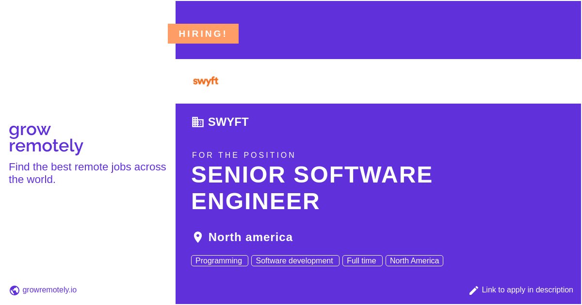 growremotelyio's tweet image. Check out this job at Swyft for the position Senior Software Engineer.

 Apply link: growremotely.io/?id=6325111b7e…

#hiring #remotejobs #Swyft #Programming