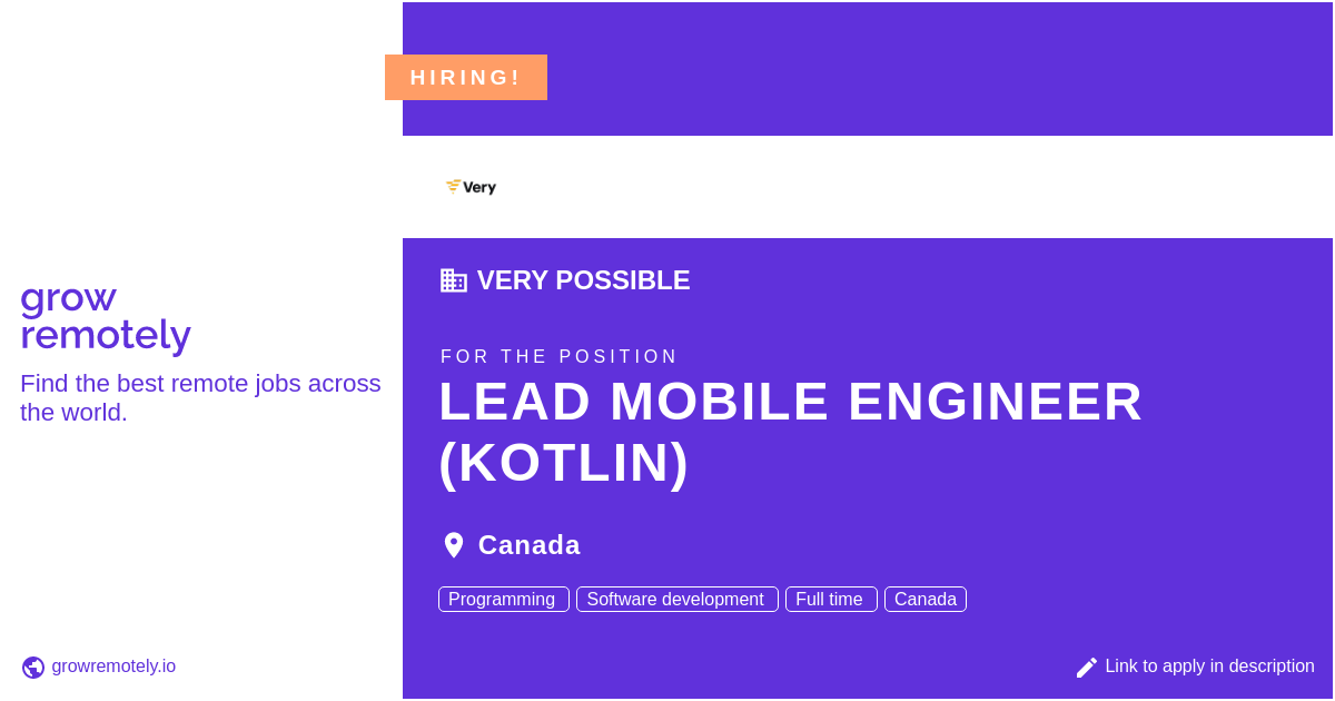 growremotelyio's tweet photo. Check out this job at Very Possible for the position Lead Mobile Engineer (Kotlin).

 Apply link: https://t.co/Wy4ltfcdgU

#hiring #remotejobs #VeryPossible #Programming https://t.co/6gjMvojqXc