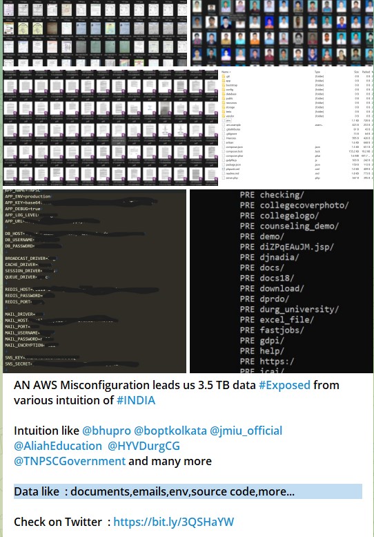 (1/2) Hackers groups We Leak Data Base claimed an AWS Misconfiguration was found which lead to 3.5 TB data exposed from various intuition of #INDIA <a href="/bhupro/">BHU Official</a> <a href="/boptkolkata/">BOPTER</a> <a href="/jmiu_official/">Jamia Millia Islamia (NAAC A++ Grade Central Univ)</a> <a href="/AliahEducation/">Aliah University</a>  <a href="/HYVDurgCG/">Hemchand Yadav Vishwavidyalaya Durg CG</a> <a href="/TNPSCGovernment/">TNPSC</a> and many more

#databreach #darkweb #deepweb