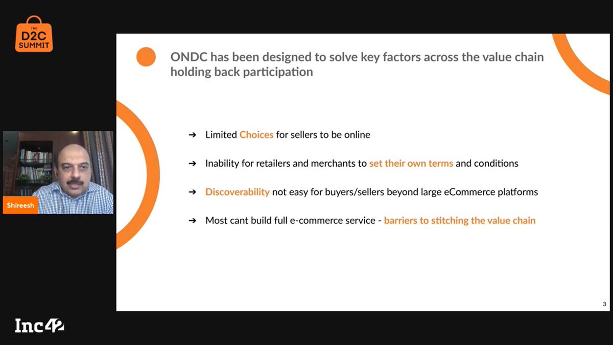 Inc42's tweet image. Join #ShireeshJoshi of @ONDC_Official as he speaks on &apos;Can ONDC Unleash India’s Latent Ecommerce Potential?&apos; LIVE at #TheD2CSummit2022.

#EcommerceConference #TheD2CSummit