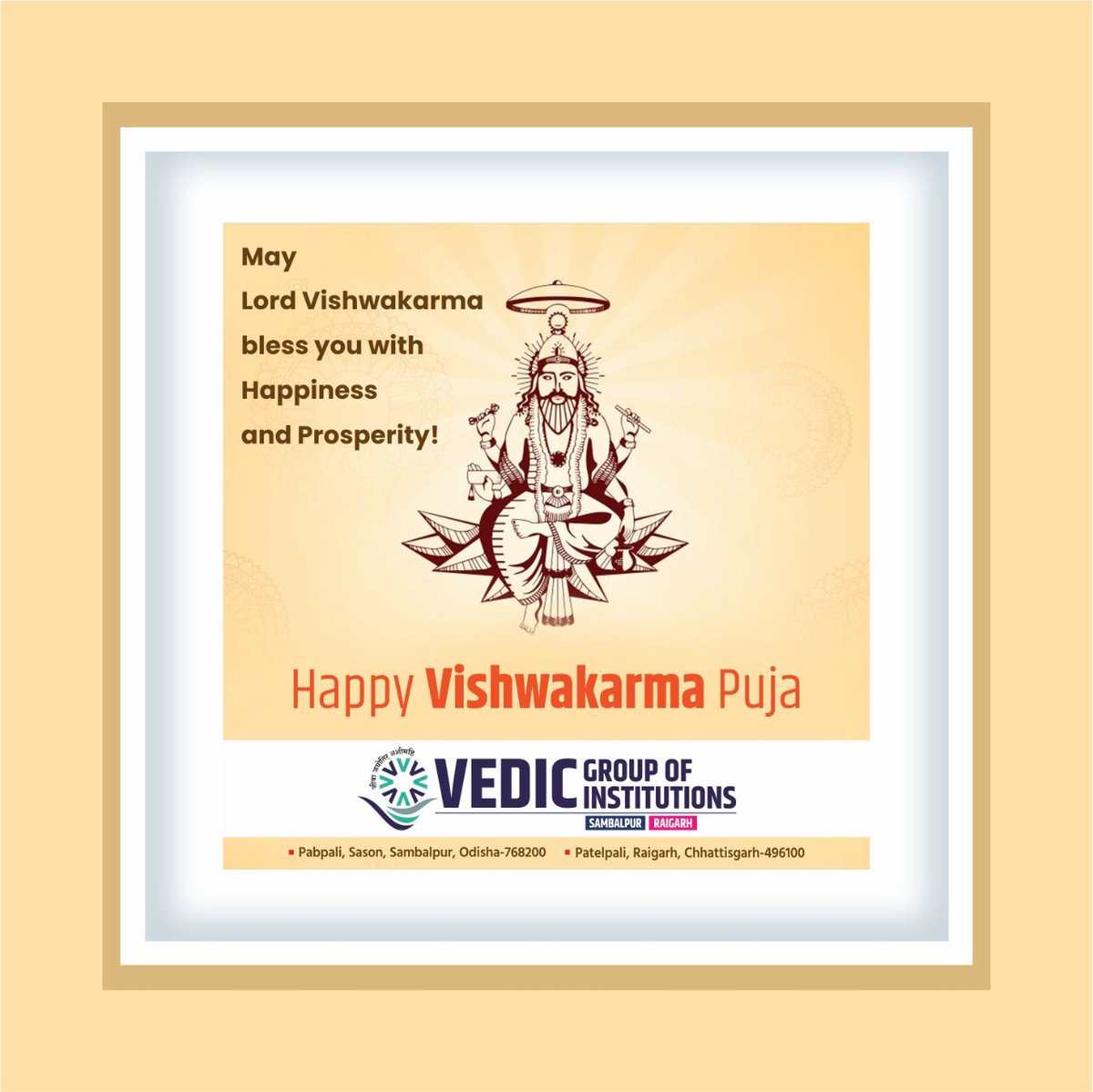 Vedic Group of Institutions wishes you a very Happy Vishwakarma Puja! May you be blessed with success and growth in all your endeavors. 

#VedicGroupofInstitutions #HappyViswakarmaPuja #FestivalCelebration