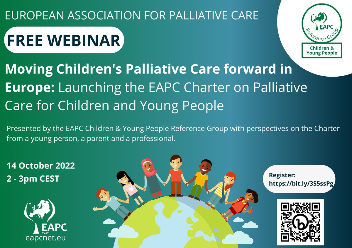ICPCN's tweet photo. Moving Children's Palliative Care forward in Europe free webinar. Launching the EAPC Charter on palliative care for children and young people. Presented by the EAPC 14 October 2022 from 2 - 3:00 pm CEST. Here is the registration link https://t.co/TBuBHOdY5J https://t.co/Vv3L5Mnzvt
