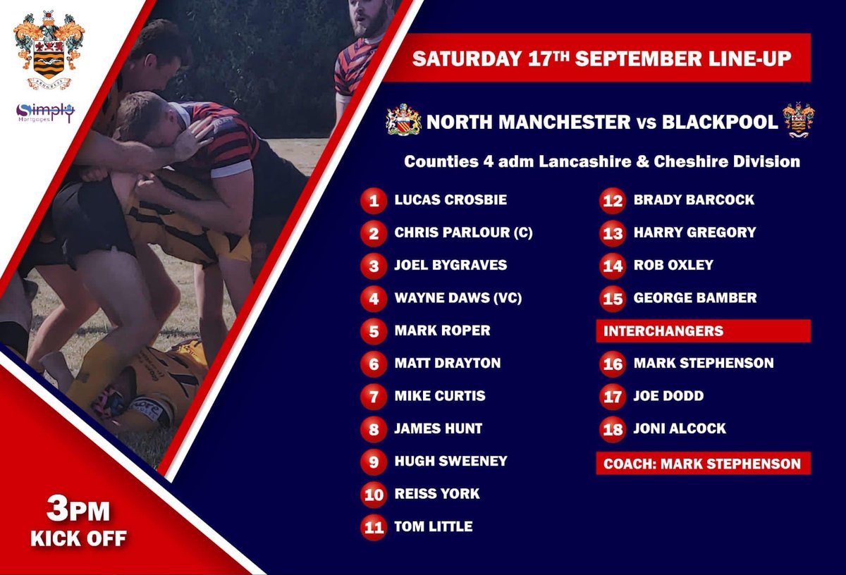 Blackpool_RUFC's tweet photo. TEAM ANNOUNCEMENT!! Blackpool kick off their first RFU league campaign in 12 years later today with a visit to North Manchester. Here is the team to do it #upthepool #rugbyisback https://t.co/TaVBKwjeBX