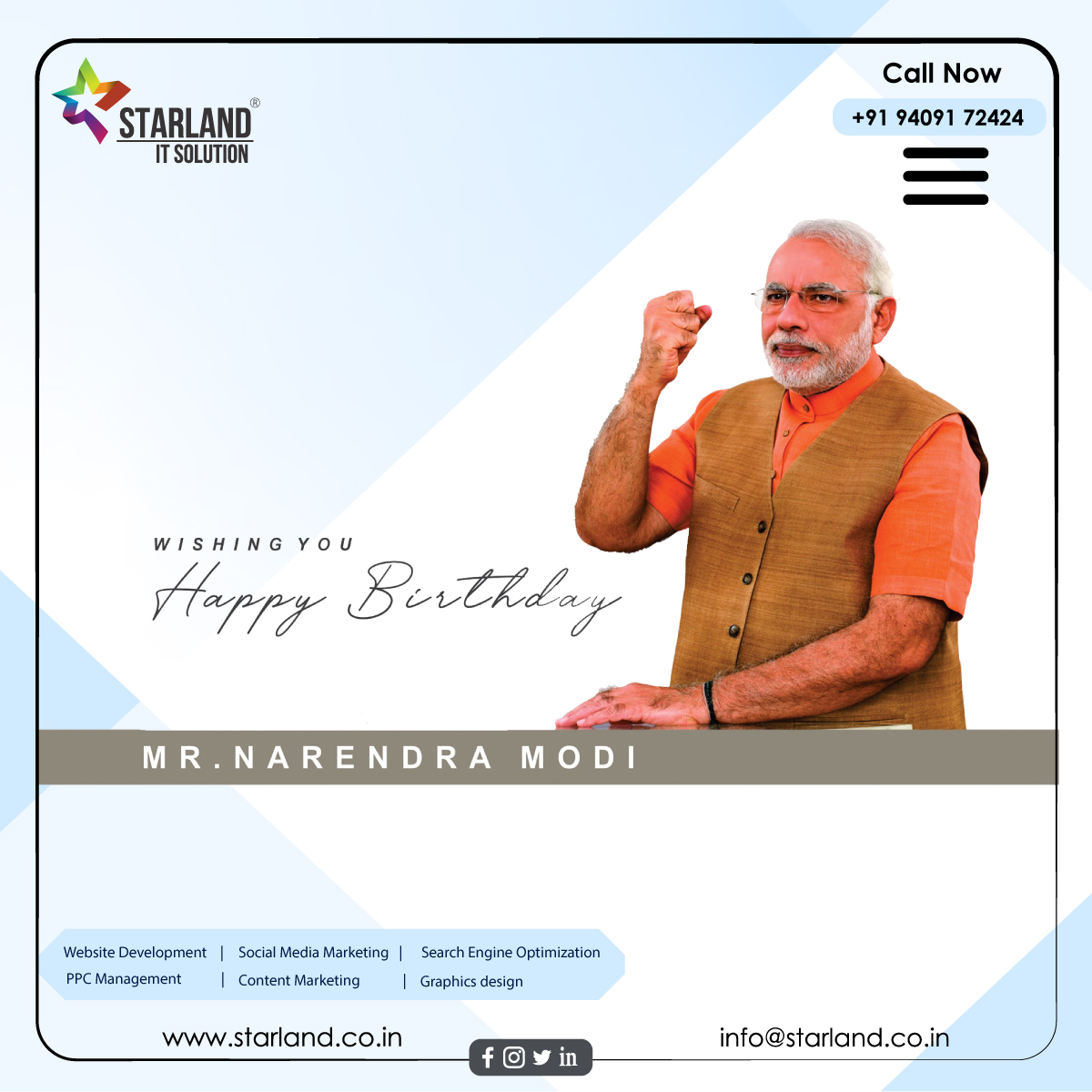 starlandits's tweet photo. Wishing you great and triumphant years ahead on the special occasion of your birthday. You are a natural-born leader with unique qualities. Thank you for being an inspiration to many! Happy Birthday Modi ji!🙏🏻🇮🇳

#NaMo #HappyBirthdayPM #PrimeMinister #India #NarendraModi https://t.co/6Iqum59XrL