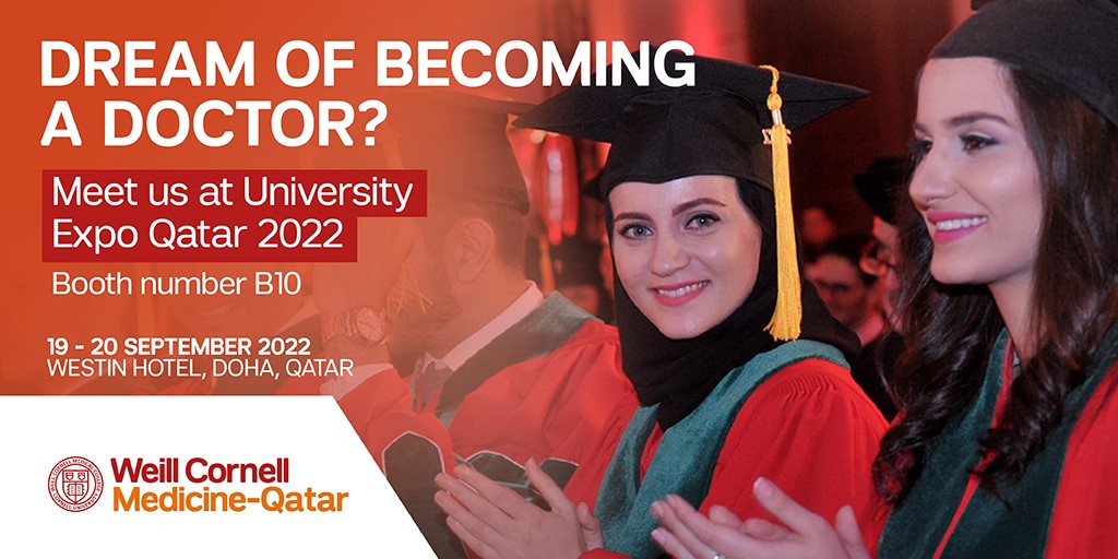 WCMQOutreach's tweet photo. Is becoming a doctor your dream? Start your journey now. Meet us at University Expo Qatar 2022 to learn about the prestigious medical program offered at Weill Cornell Medicine-Qatar, the first American medical school established outside the United States. #UniversityExpoQatar2022 https://t.co/jw6oUgUGoa