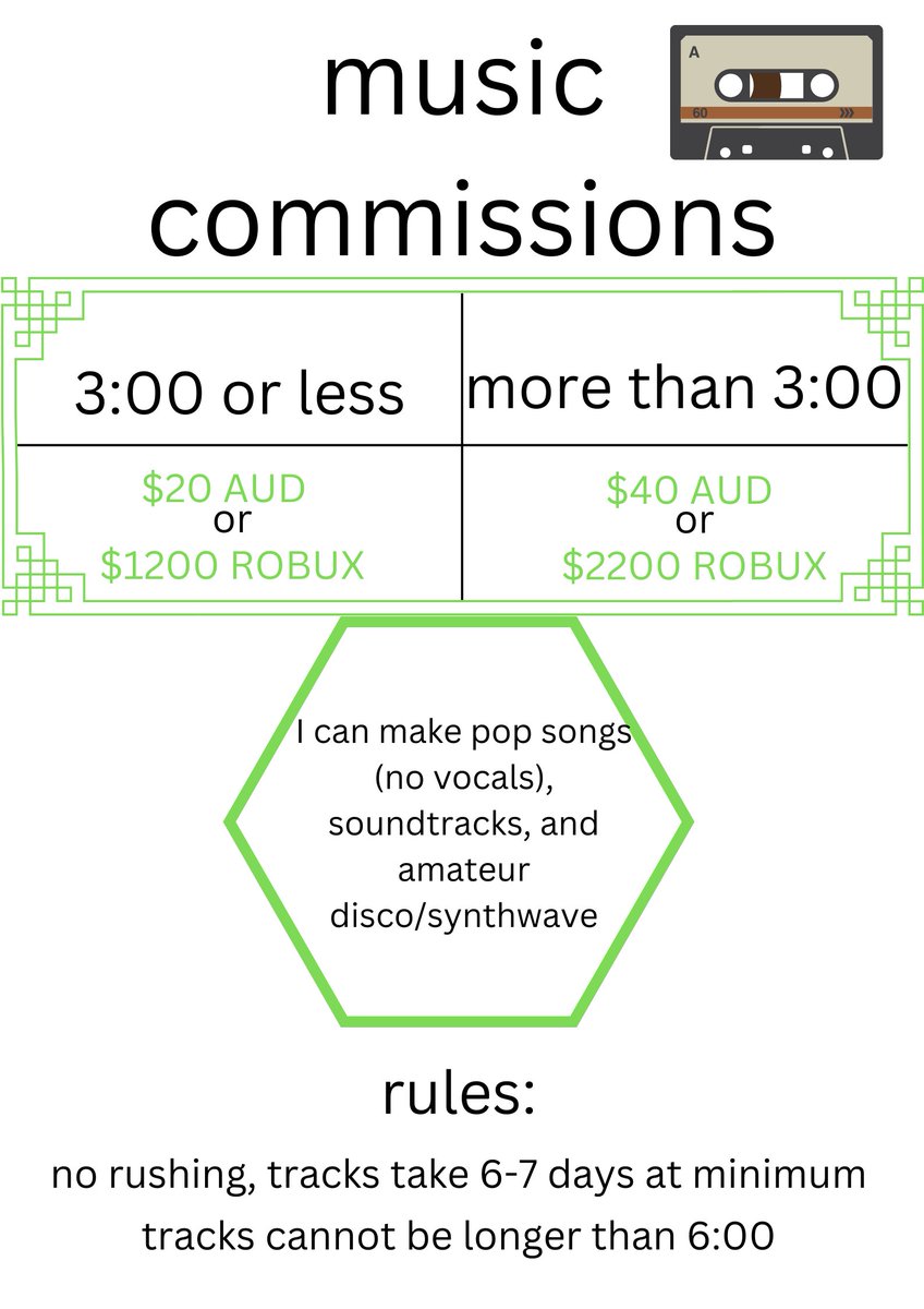 Meowers19's tweet photo. opening my commissions, only one this time
#musiccommissions #music #songcommissions #robloxmusic #robloxdev https://t.co/5aWgY9sX9a