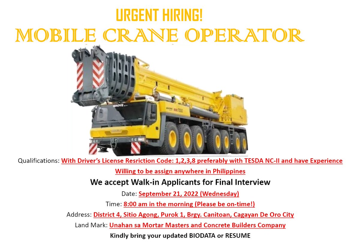 OnazulManpowerS's tweet photo. #Hiring #CagayanDeOroCity #AgongCanitoan #MobileCraneOperator https://t.co/g3sdSISpx6