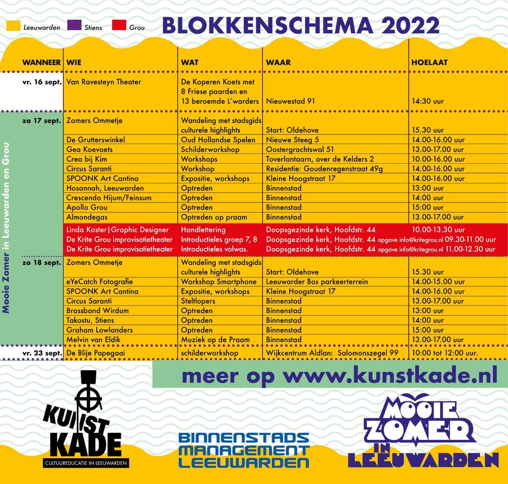 Het wordt in elk geval een spetterend weekend; wat <a href="/KunstKade/">KunstKade</a> betreft vanwege alle geplande activiteiten! Zo laat je je vanmorgen inspireren in Grou, locatie Doopsgezinde kerk en beide middagen zijn er Mooie Zomer activiteiten in Leeuwarden.