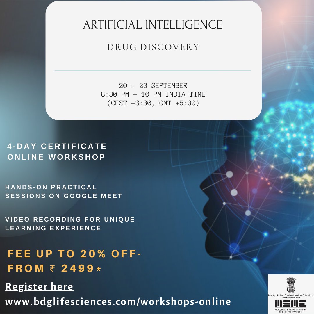 #ArtificialIntelligence in #DrugDiscovery Training
🌐 bdglifesciences.com/workshops-onli… 
#bdglifesciences #bioinformaticscompany #10YearsOfExcellence #bioinformatics  #molecularmodeling #moleculardocking #homologymodelling #Biotechnology #proteomics #pythonforbiology #machinelearning #AI