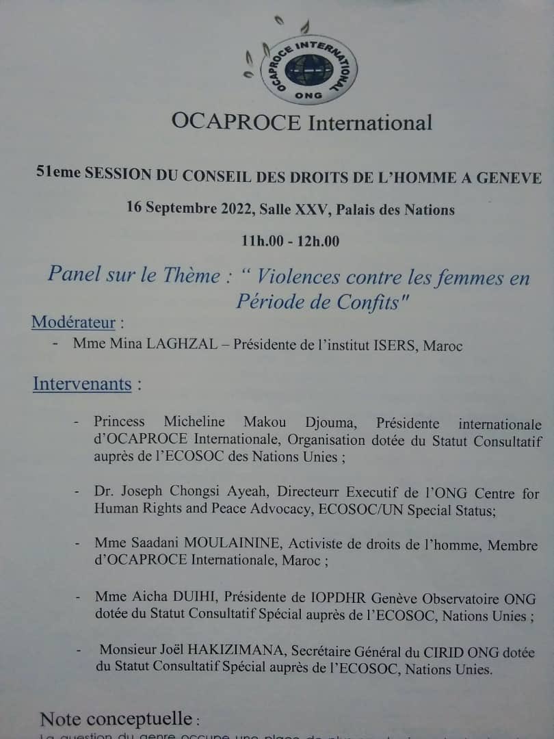 HqCirid's tweet photo. #CIRID a participé à l’événement parallèle de l’ONG OCAPROCE Internat’l en coordination avec la 51e session du HRC, sur le thème « Violences contre les femmes en période de conflits » en mettant en avant l’impératif de mettre fin aux conflits par le dialogue, projet du #PMSDA https://t.co/4Kha40KBPK