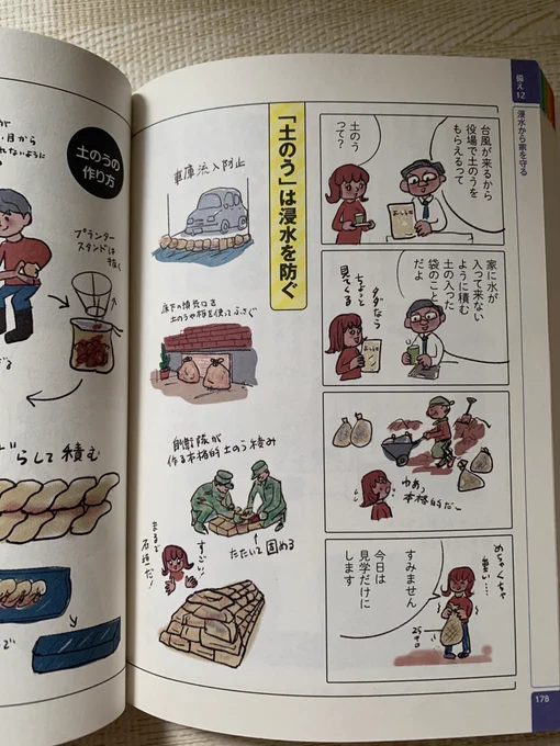 土嚢の使い方。あっという間に水かさが増し、あっという間に引くことが多いです。ただし浸水するとダメージは大きいです。 
#土嚢の使い方 #マンガ防災図鑑 