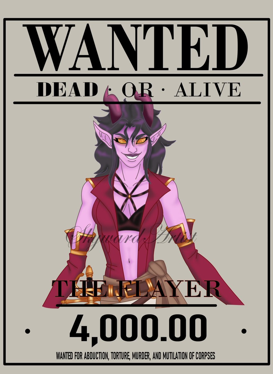 SkywardArtist's tweet photo. My tiefling bard, Emmi, has a criminal history. Old alias was The Flayer. Took a stab at drawing a wanted poster from her scary days. She liked to use thaumaturgy to change her eyes to scare people. #dnd #dnd5e #tiefling https://t.co/IHrZDXqrKI