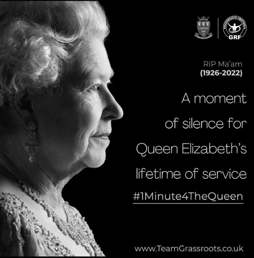 Cramlington Town FC will be taking part in #1Minute4TheQueen this weekend before every match whether this be home or away. Please join us in a moment of silence.