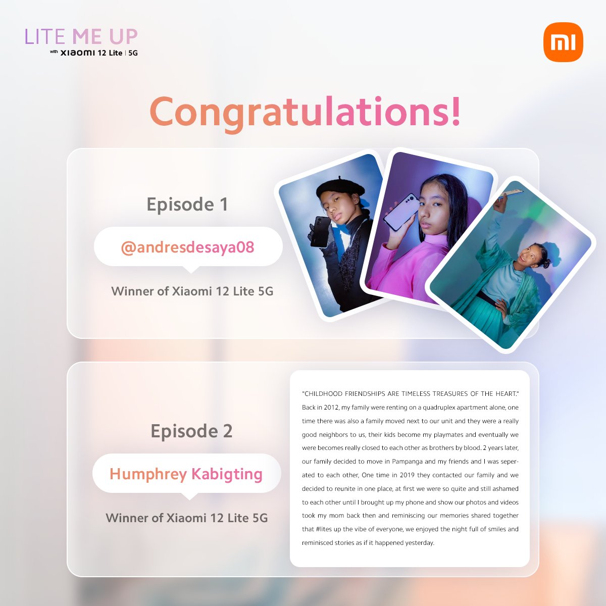 Xiaomi_PH's tweet photo. Out of the hundreds of entries for the Episodes 1 & 2 of #LiteMeUp, congratulations to our winners! You won one #Xiaomi12Lite each!
Watch the Episode 4 of #LiteMeUp and your next-level mirror selfie may win you a #Xiaomi12Lite πΈ Stream it here: https://t.co/wQ2LtQxmrT https://t.co/TZNOk0x1LA