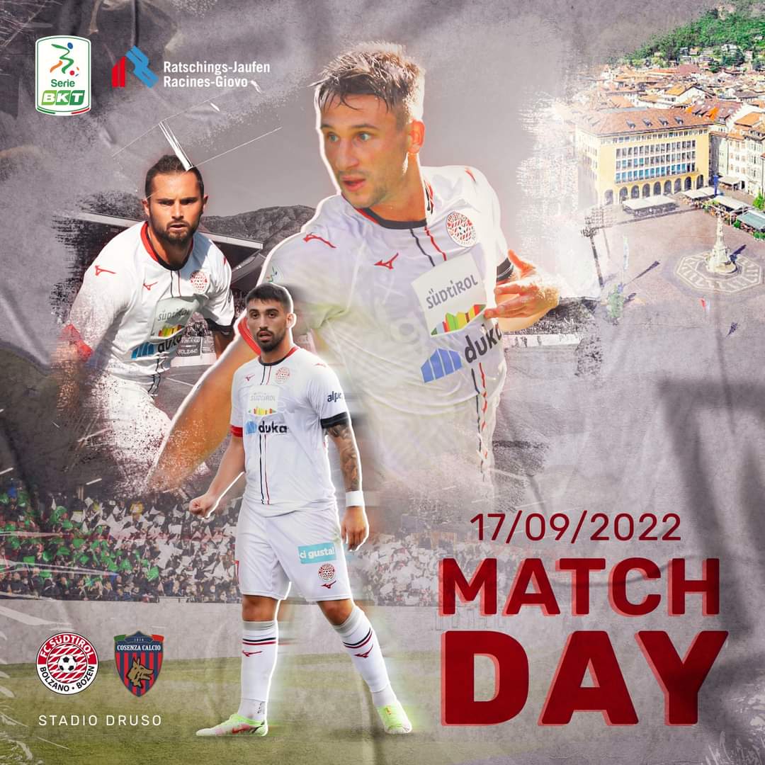 fclubsuedtirol's tweet photo. ⚪MATCHDAY🔴
🆚 @CosenzaOfficial
🏆 @Lega_B - 6a giornata
🏟 Stadio 'Druso', Bolzano
⌚️ Ore 14.00
#SerieB #SerieBKT #FCSCOS #FCSüdtirolCosenza #FCS https://t.co/5zvY7GW2wR
