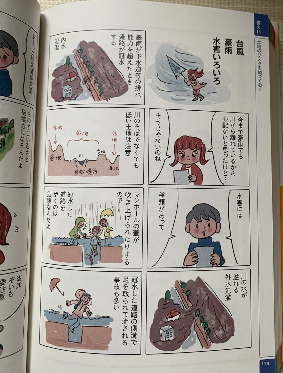 ひとくちに水害と言っても、いろいろあります。#台風 #マンガ防災図鑑 #水害種類 