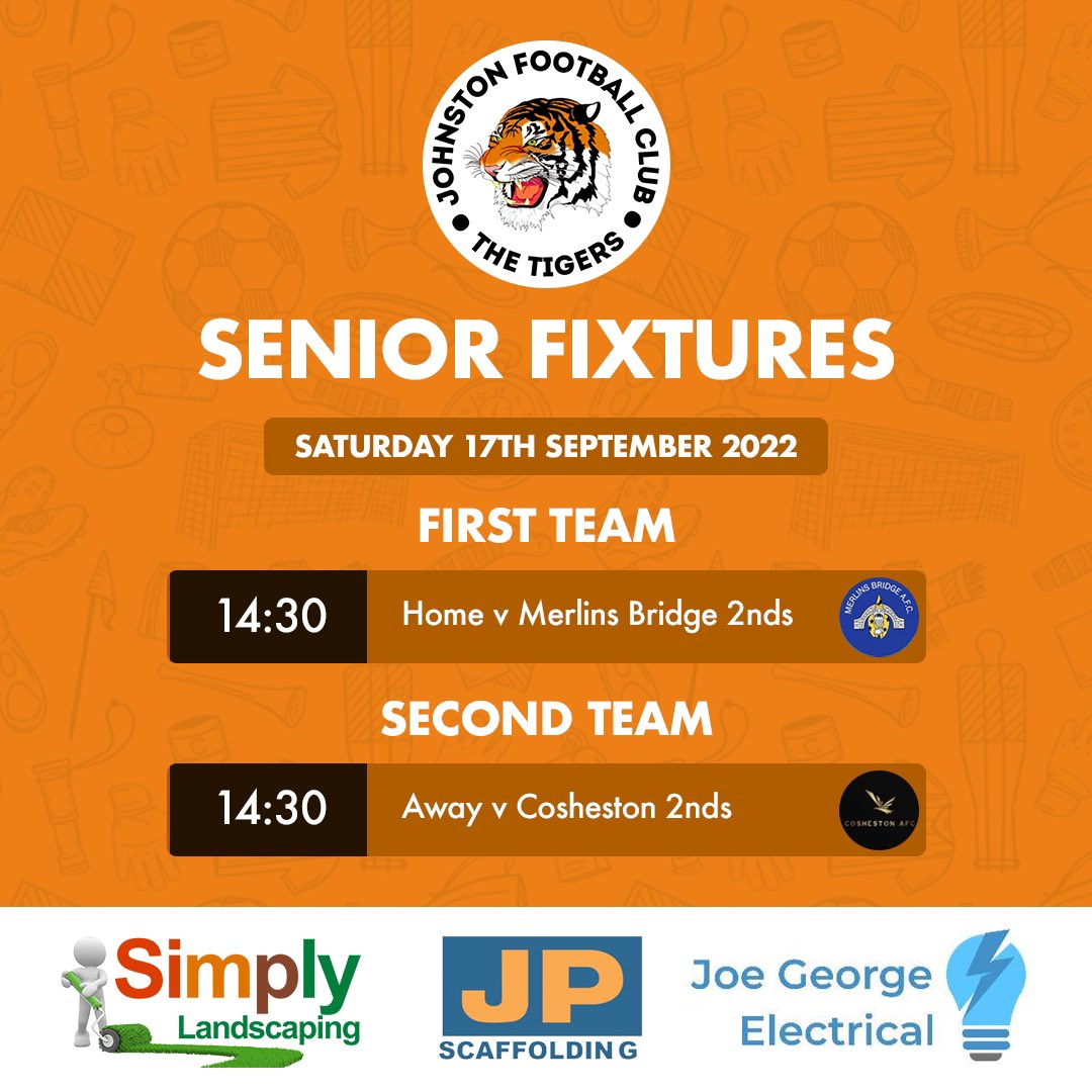 Johnston FC (@johnston_fc) on Twitter photo It’s game day again! Today our first team play Merlins Bridge 2nds home at Glebelands whilst our 2nds travel away to face Cosheston 2nds.
<a href="/merlinsbridge/">Merlins Bridge AFC</a> <a href="/CoshestonAFC/">Cosheston AFC</a>
Good luck lads! #UpTheTigers 🐅 ⚽️ It’s game day again! Today our first team play Merlins Bridge 2nds home at Glebelands whilst our 2nds travel away to face Cosheston 2nds.
<a href="/merlinsbridge/">Merlins Bridge AFC</a> <a href="/CoshestonAFC/">Cosheston AFC</a>
Good luck lads! #UpTheTigers 🐅 ⚽️
