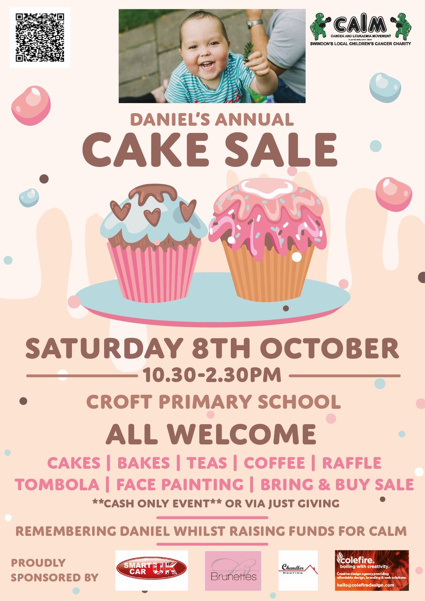 We’re delighted to announce that Daniel’s Annual Cake Sale is back and it’s going to be bigger & better than ever before 🍰🧁🎗️ 🗓️ Saturday 8th October 2022 📍 Croft Primary School, Swindon 🕥 1030-1430