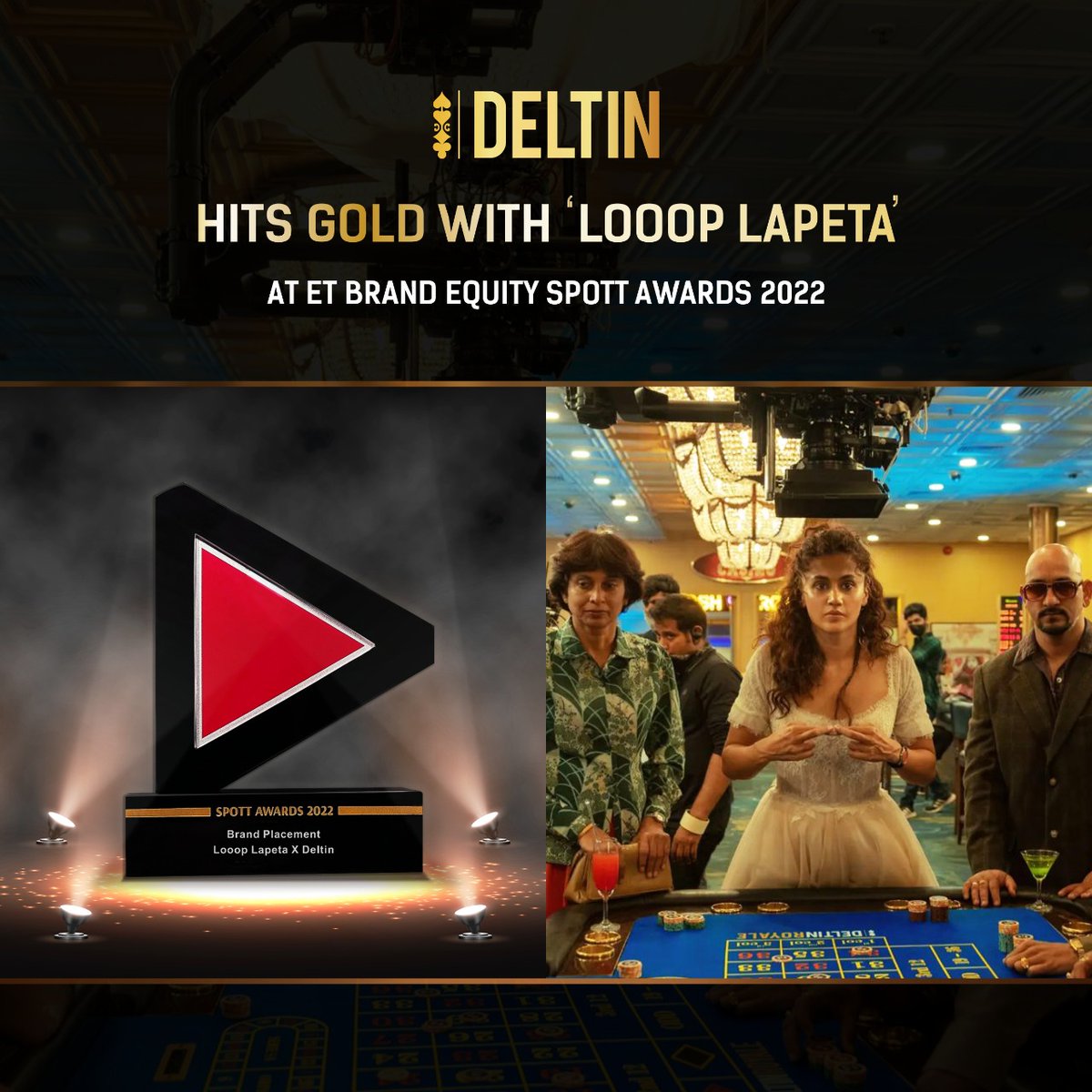 Another feather in our cap. The seamless brand collab between @TheDeltinLife and 'Looop Lapeta' has bagged a GOLD at the @ETBrandEquity Spott Awards, 2022. Thank you @EconomicTimes for recognizing our win-win marketing integration. @taapsee #tahirrajbhasin @sonypicsfilmsin