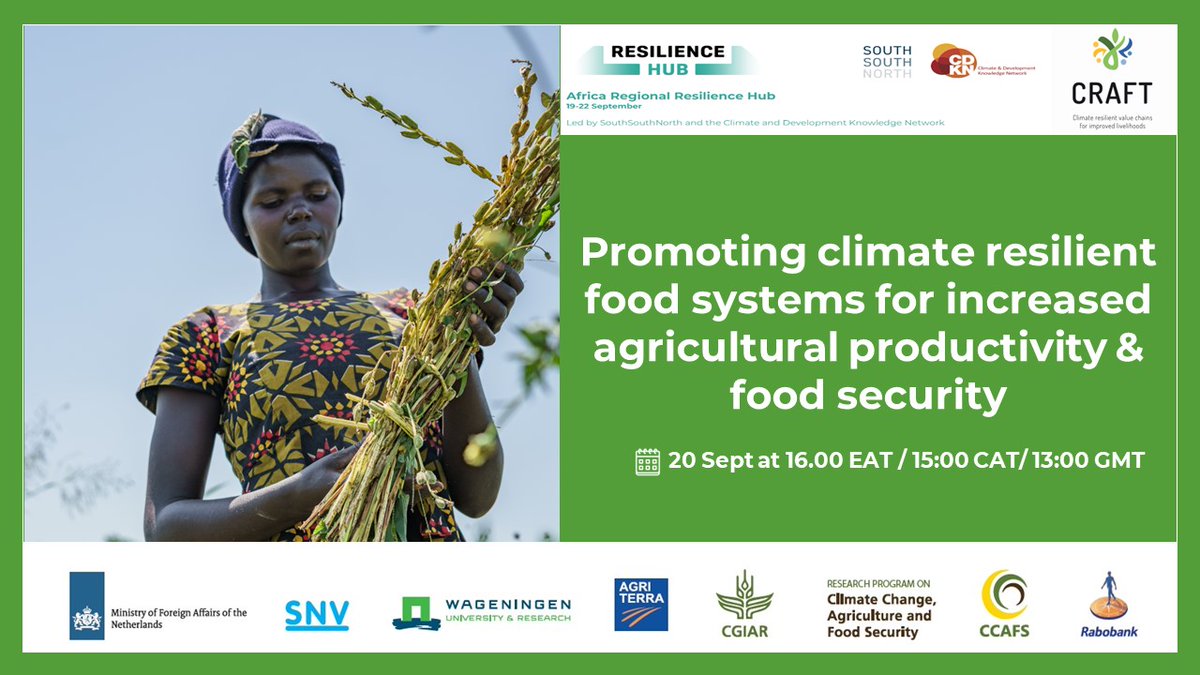 #3DAYSTOGO

Join <a href="/crafteastafrica/">CRAFT East Africa</a> on Tues, 20th Sep at the #COPResilienceHub during a side event that will discuss how can the private sector be supported to scale the adoption of #ClimateSmartAgric 👇🏿

⏲️ 16.00 EAT / 15:00 CAT/ 13:00 GMT

Registration 👉 bit.ly/3qjyhwG